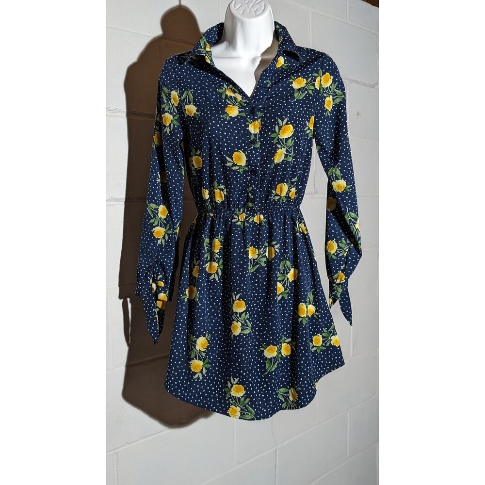 Indulge Navy Blue Floral Print Mini Dress Long Sleeve Dress Polka Dot Small